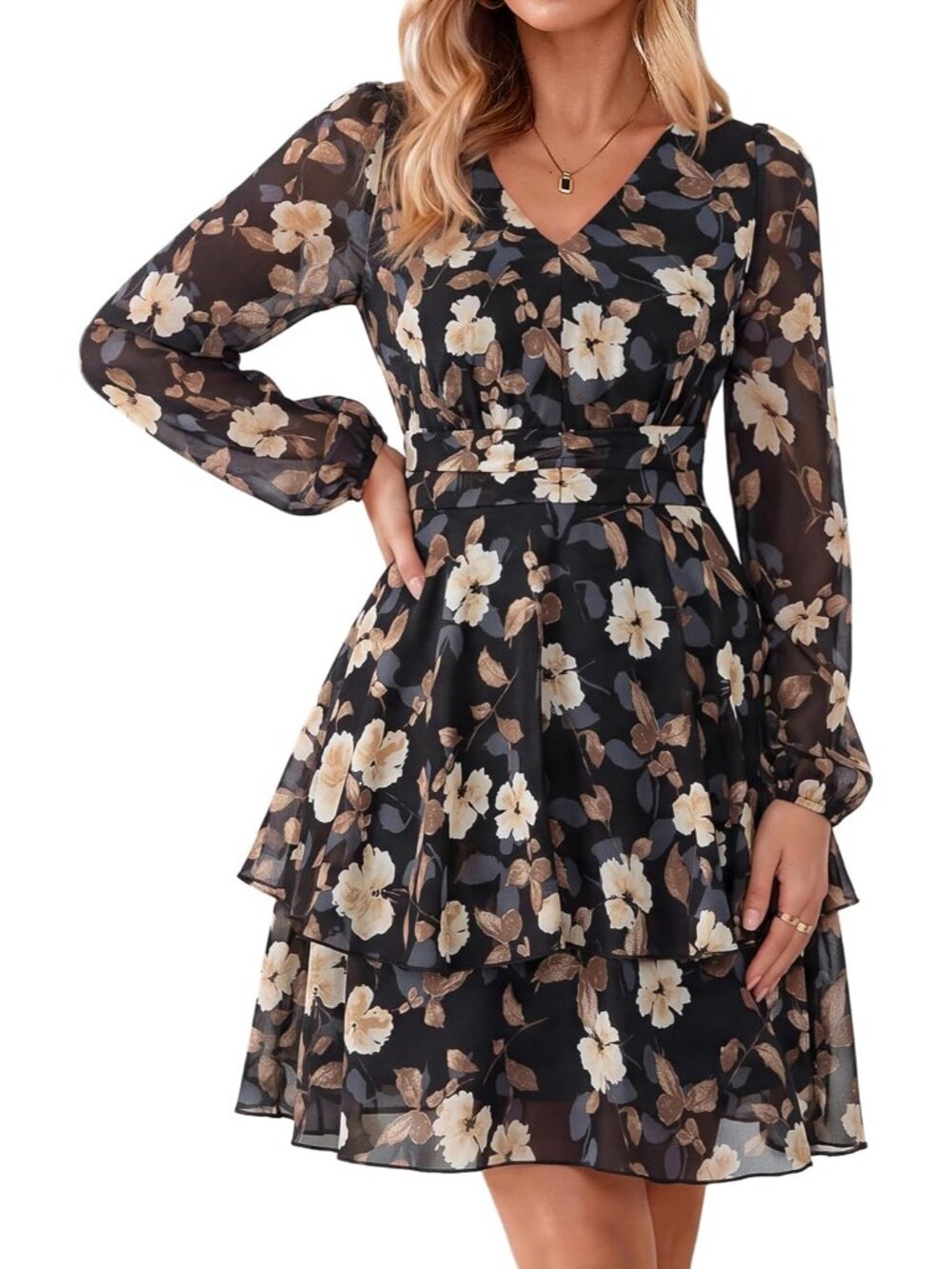 〽️Women’s Black Yellow Boho Floral Dress Long Sleeve Empire Waist Ruffle